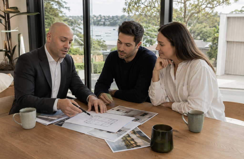 Buyers agent Sydney with clients reviewing property documents in a modern Eastern Suburbs home, conveying strategic opportunity in the current market