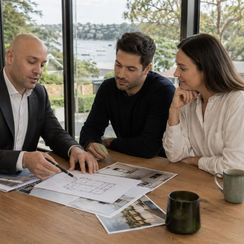 Buyers agent Sydney with clients reviewing property documents in a modern Eastern Suburbs home, conveying strategic opportunity in the current market